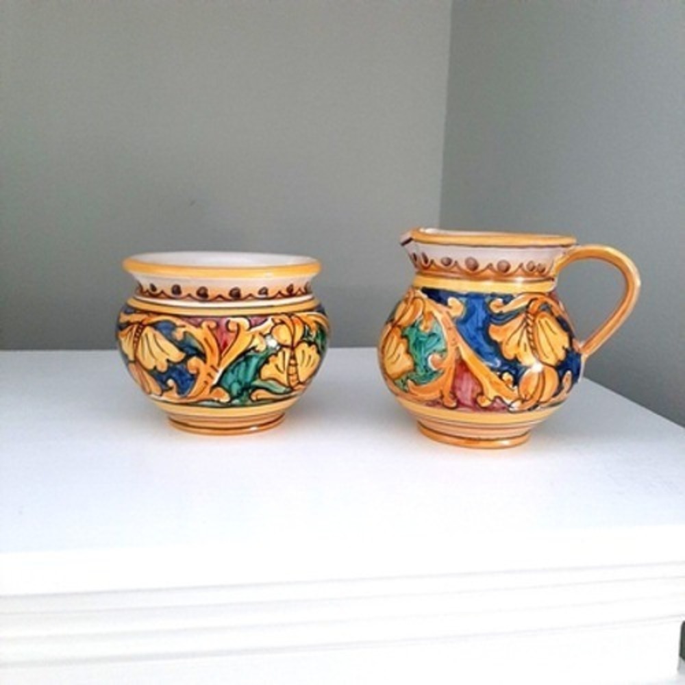 Vtg Creamer + Bowl 2 piece set Hand Painted Italy ? numbered 3.5 - 4" high